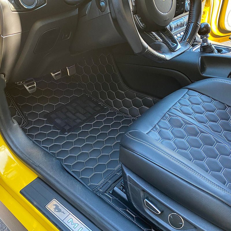 2015-up-ford-mustang-custom-honeycomb-leather-floor-mat-linersBlack W/ Red Stitching
